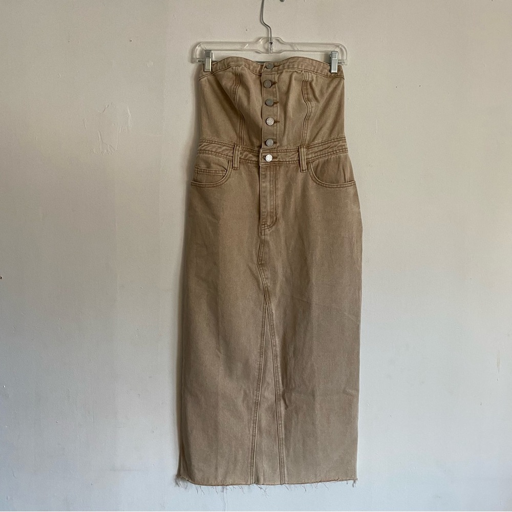 NWT Sincerely Jules Beige Denim Strapless Knee Length Dress: Size Small
